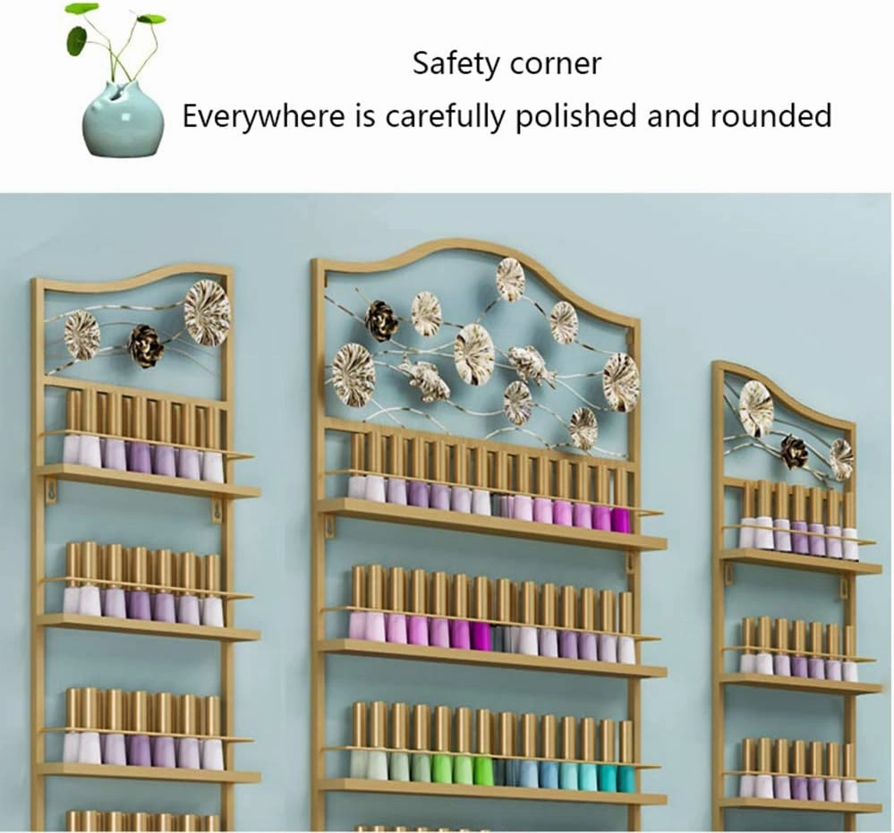 Storage Rack. Wall-Mounted Essential Oil and Nail Polish, 4-Layer Salon Metal Nail Polish Display Stand, Makeup/Perfume/Essential Oil/Lipstick Storage Organizer, for Home Business Nail Shop/G (Gold
