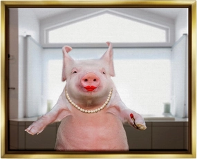 Stupell Industries Glam Pig in Lipstick Gold Framed Floater Canvas Wall Art Design by Lund Roeser