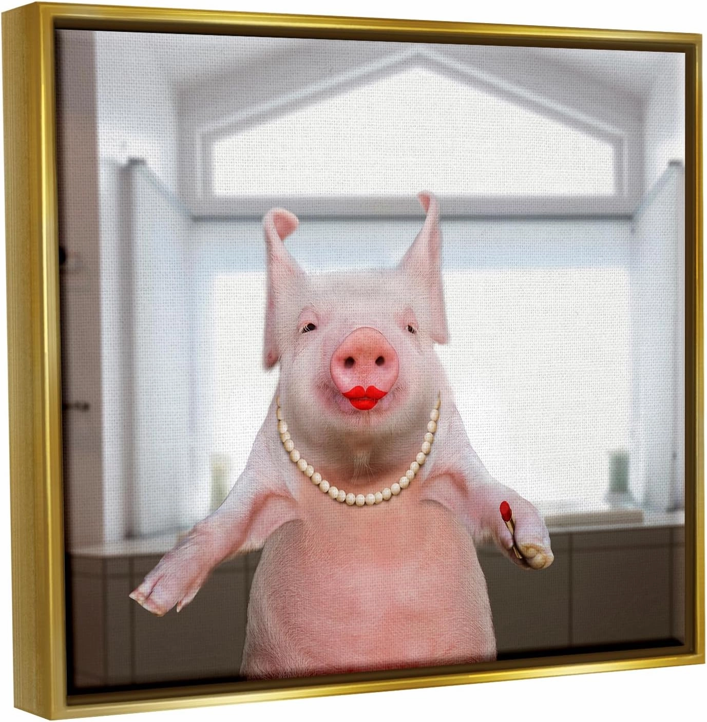 Stupell Industries Glam Pig in Lipstick Gold Framed Floater Canvas Wall Art Design by Lund Roeser