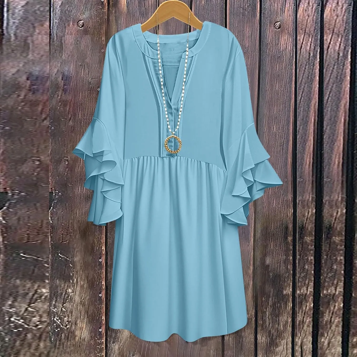 Summer Beach Vacation Dresses for Women Elegant Dressy Ruffled 3/4 Sleeve Notch V Neck Pleated Flowy Swing Mini Dress