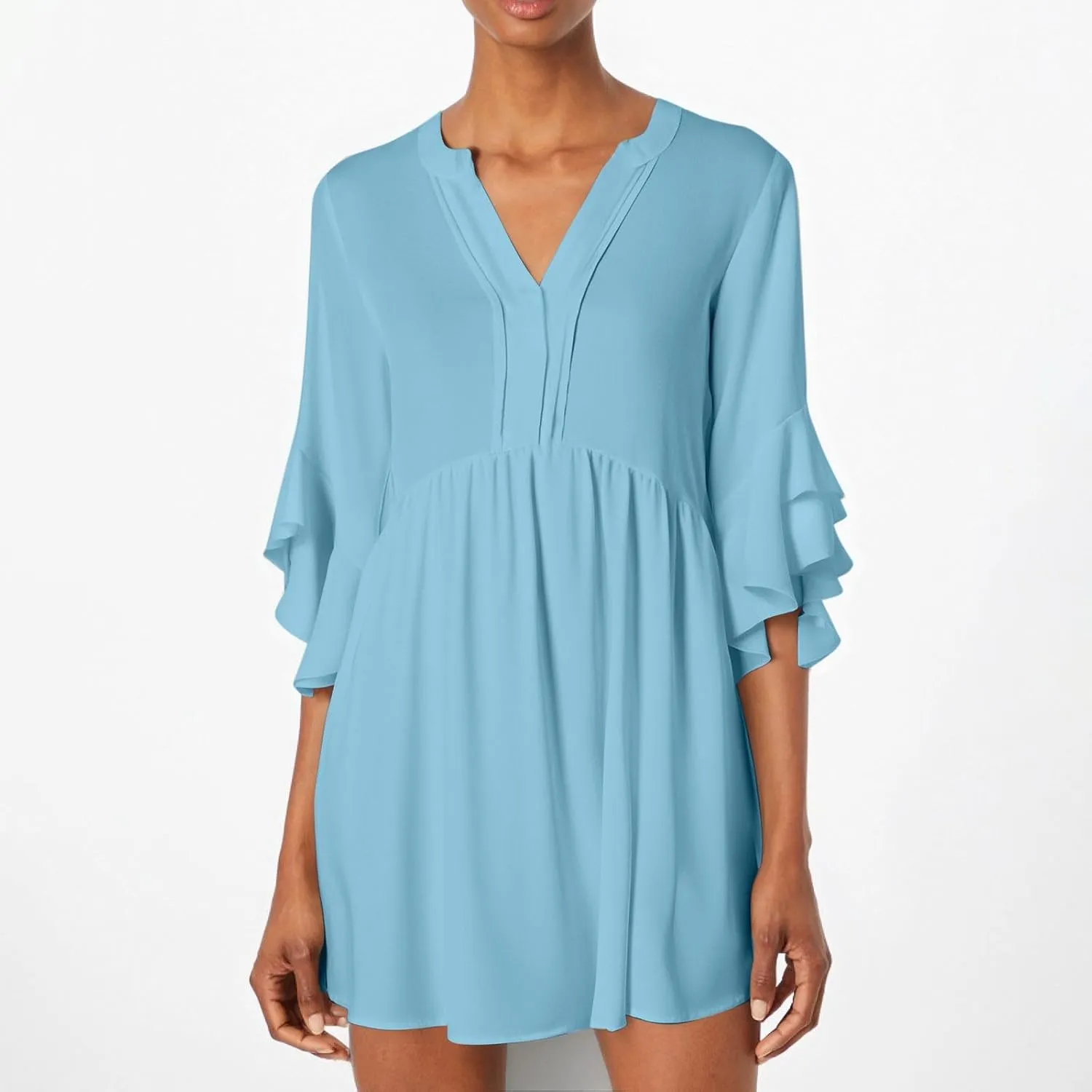 Summer Beach Vacation Dresses for Women Elegant Dressy Ruffled 3/4 Sleeve Notch V Neck Pleated Flowy Swing Mini Dress