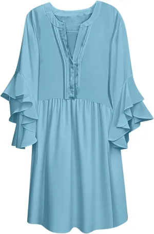 Summer Beach Vacation Dresses for Women Elegant Dressy Ruffled 3/4 Sleeve Notch V Neck Pleated Flowy Swing Mini Dress