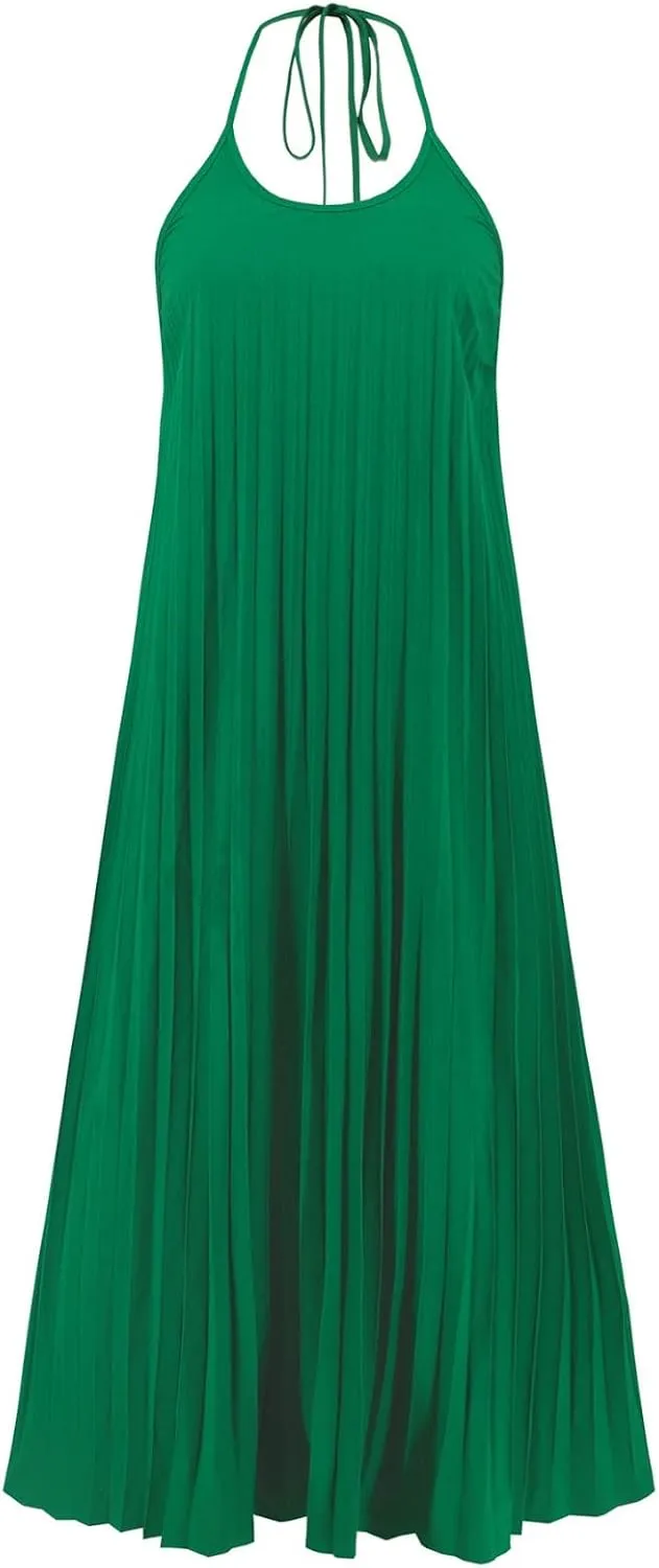 Summer Dresses for Women 2024 Halter Strap Ruched Flowy Sexy Sundresses Swing Casual Vacation Beach Maxi Dress