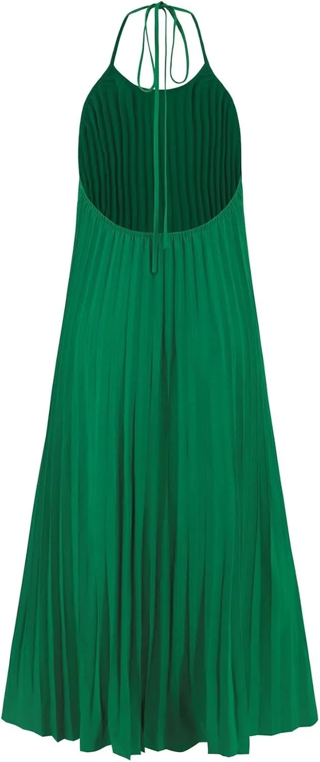 Summer Dresses for Women 2024 Halter Strap Ruched Flowy Sexy Sundresses Swing Casual Vacation Beach Maxi Dress
