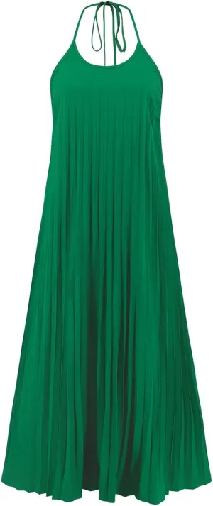 Summer Dresses for Women 2024 Halter Strap Ruched Flowy Sexy Sundresses Swing Casual Vacation Beach Maxi Dress