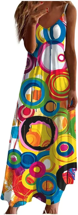 Sundresses for Women 2024 Spaghetti Strap Cute Print Halter Maxi Dresses Empire Waist Flowy Summer Beach Dresses