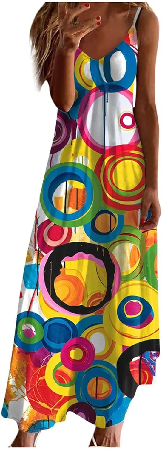 Sundresses for Women 2024 Spaghetti Strap Cute Print Halter Maxi Dresses Empire Waist Flowy Summer Beach Dresses