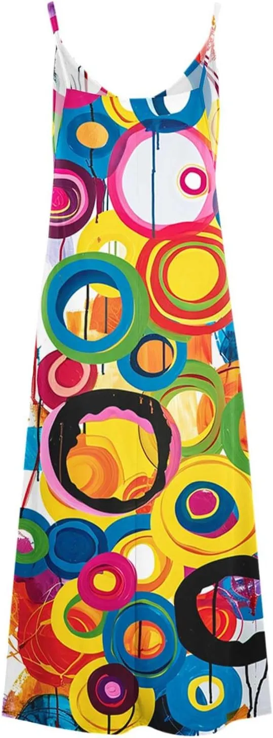Sundresses for Women 2024 Spaghetti Strap Cute Print Halter Maxi Dresses Empire Waist Flowy Summer Beach Dresses