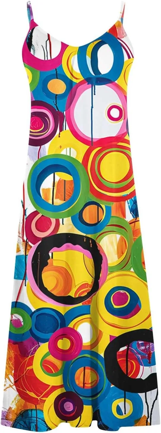 Sundresses for Women 2024 Spaghetti Strap Cute Print Halter Maxi Dresses Empire Waist Flowy Summer Beach Dresses
