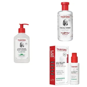 THAYERS pH Cleanser, 8 FL oz   Rose Petal Facial Toner with Aloe Vera Formula, 12 FL oz   THAYERS Let's Be Clear Water Face Cream, Moisturizer with Azelaic Acid and Hyaluronic Acid, 2.5 FL oz