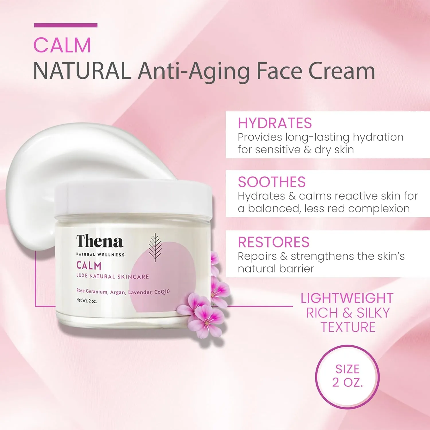 THENA CALM Face Moisturizer Cream Organic & Natural Skin Care, Ultra Hydrating With Hyaluronic Acid & Lavender Plant-based Skincare Anti aging Face Cream Dry Skin Facial Moisturizer For Women Men