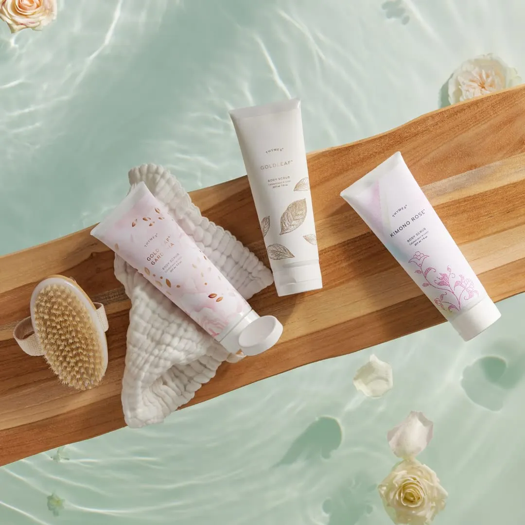 Thymes Exfoliating Body Scrub Infused with Hydration-Boosting Hyaluronate & Glycerin - Moisturizing Body Scrubs for Women & Men - Perfect Self Care Gifts for Women (Goldleaf Gardenia, 7 fl oz)