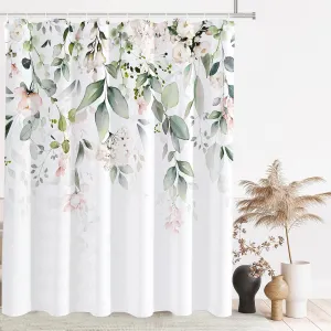 Tititex Blomming Bright Blush White Floral Shower Curtain, Watercolor Green Leaves on The Top Plant Bathroom Decoration Shower Curtain Sets 72x72 Inch with Hooks