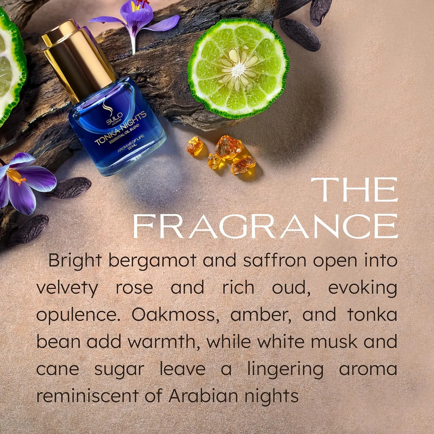 Tonka Nights – Bergamot Essential Oil for Diffuser & Skin with Saffron, Bulgarian Rose, Oud, Tonka Bean, Amber, Oakmoss & White Musk – Hydrating, Anti-Aging & Aromatherapy for Relaxation - 15 ml