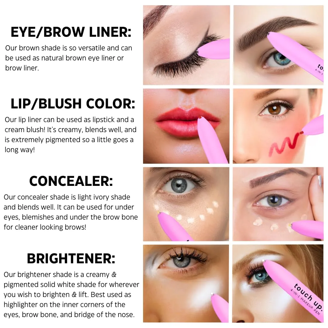 Touch Up 4-in-1 Makeup Pen (Concealer, Eye/Brow Liner, Lip/Blush, & Brightener) All-in-One, Multi-Functional Portable Beauty Product, On The Go Travel Makeup Pencil