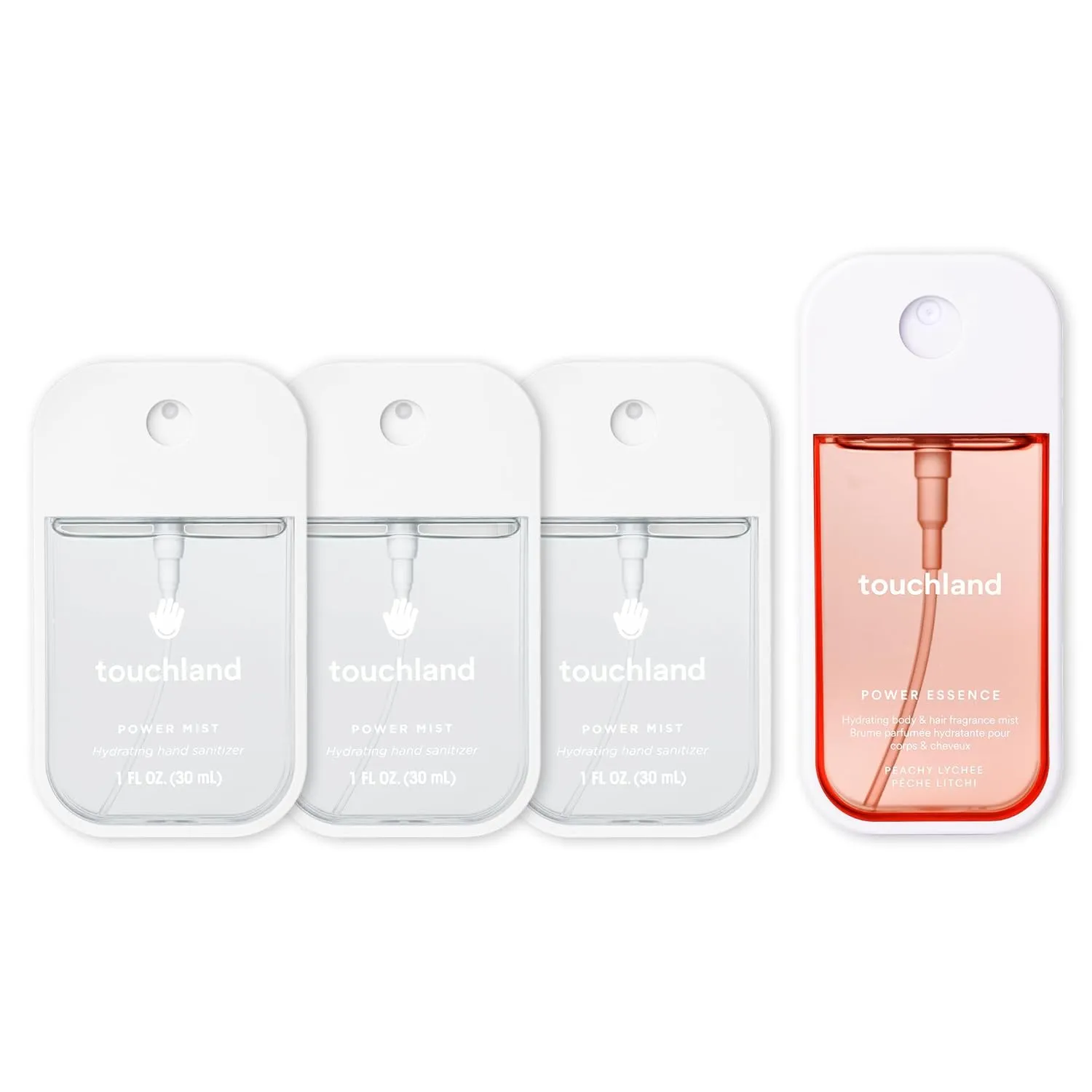 Touchland DELICATE DREAMS SET, Power Mist Hydrating Hand Sanitizer Spray, (Rainwater, Unscented, Beach Coco) 1 FL. OZ.   Peachy Lychee Body & Hair Fragrance Mist, 2 FL. OZ., Travel Size Set