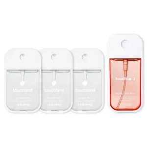 Touchland DELICATE DREAMS SET, Power Mist Hydrating Hand Sanitizer Spray, (Rainwater, Unscented, Beach Coco) 1 FL. OZ.   Peachy Lychee Body & Hair Fragrance Mist, 2 FL. OZ., Travel Size Set