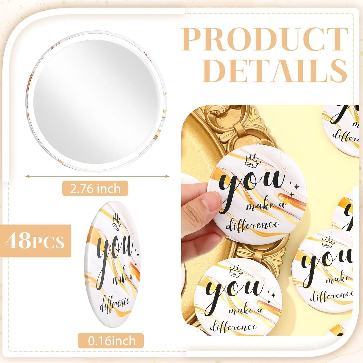 Tradder 48 Pcs 2.76 Inch Inspirational Mini Compact Mirror Bulk You Make a Difference Makeup Pocket Purse Mirror for Women Mother's Day Coworker Nurse Teacher Employee Appreciation Gift (White,Gold)