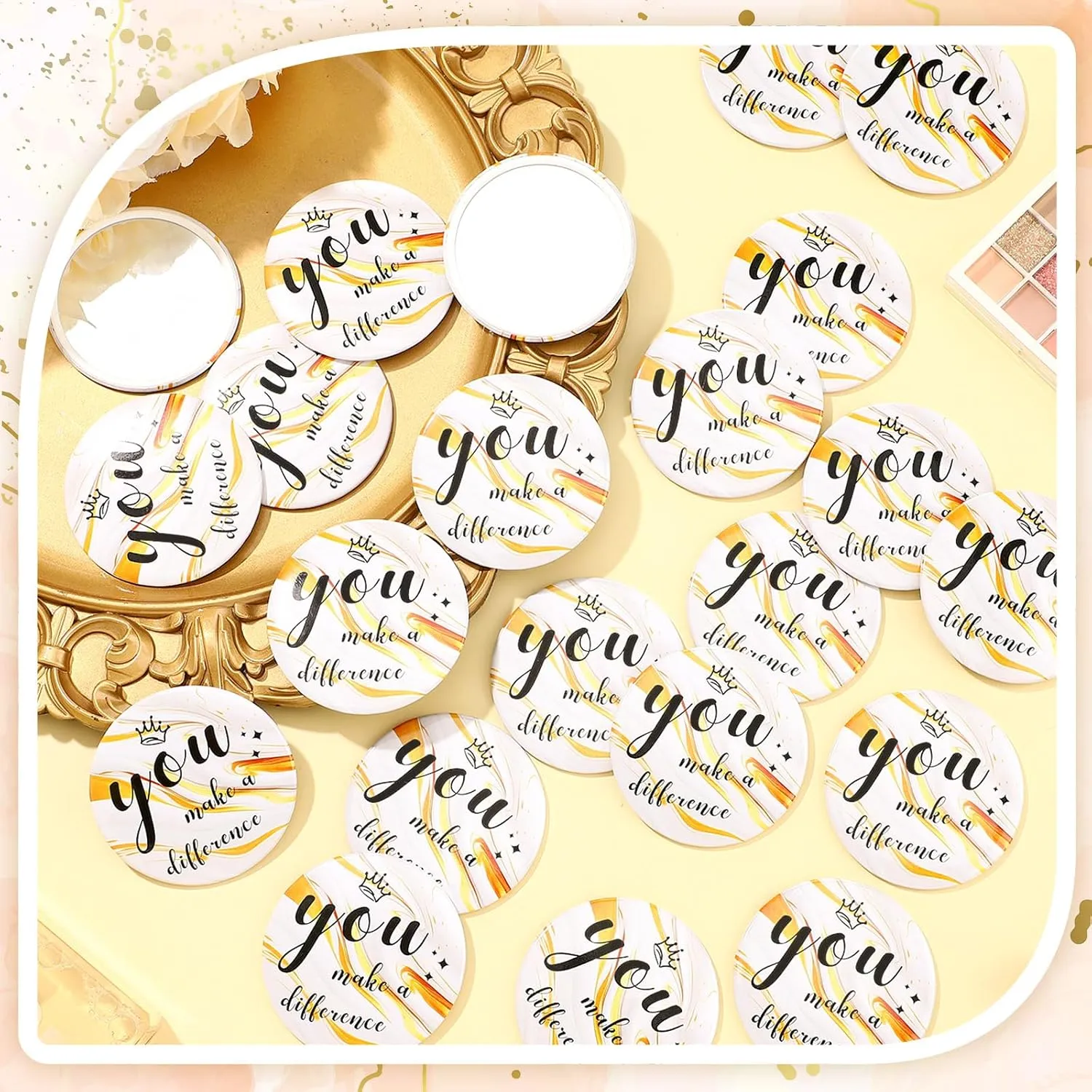 Tradder 48 Pcs 2.76 Inch Inspirational Mini Compact Mirror Bulk You Make a Difference Makeup Pocket Purse Mirror for Women Mother's Day Coworker Nurse Teacher Employee Appreciation Gift (White,Gold)