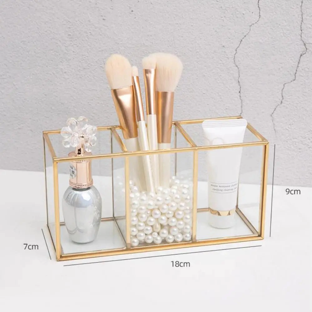 Transparent Glass Makeup Brush Storage Box Gold Cosmetics Container Ring Pencil Lipstick Holder Make Up Brushes Organizer