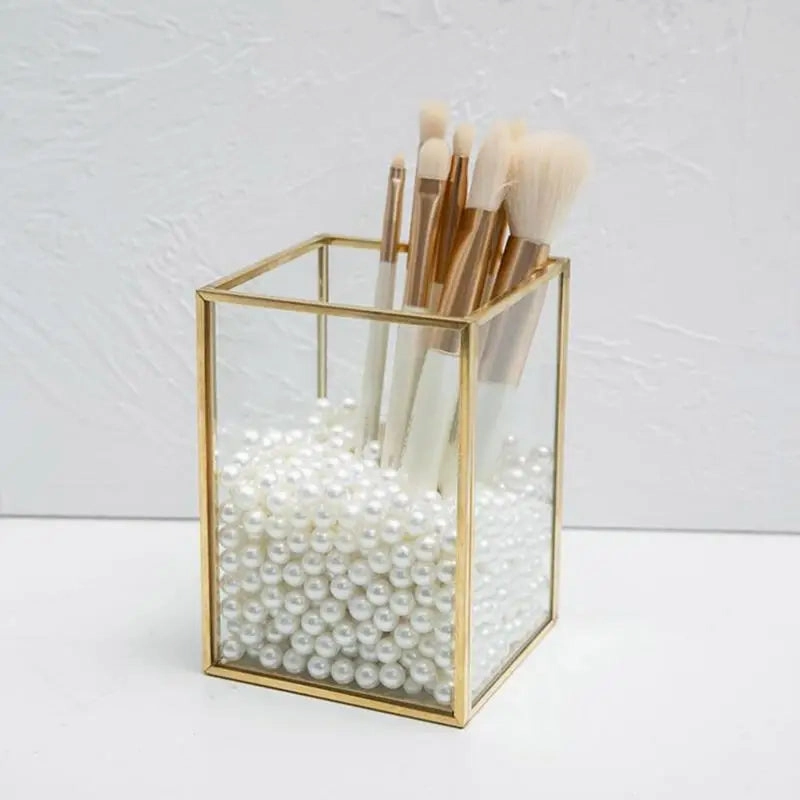 Transparent Glass Makeup Brush Storage Box Gold Cosmetics Container Ring Pencil Lipstick Holder Make Up Brushes Organizer
