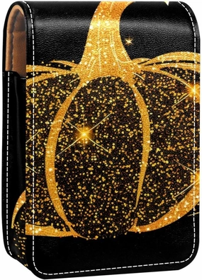 Travel Lipstick Organizer Case,Lipstick Case Portable Makeup Bag With Mirror,Background with Gold Pumpkin