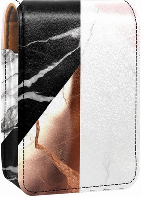 Travel Lipstick Organizer Case,Lipstick Case Portable Makeup Bag With Mirror,Black White Rose Gold Marble