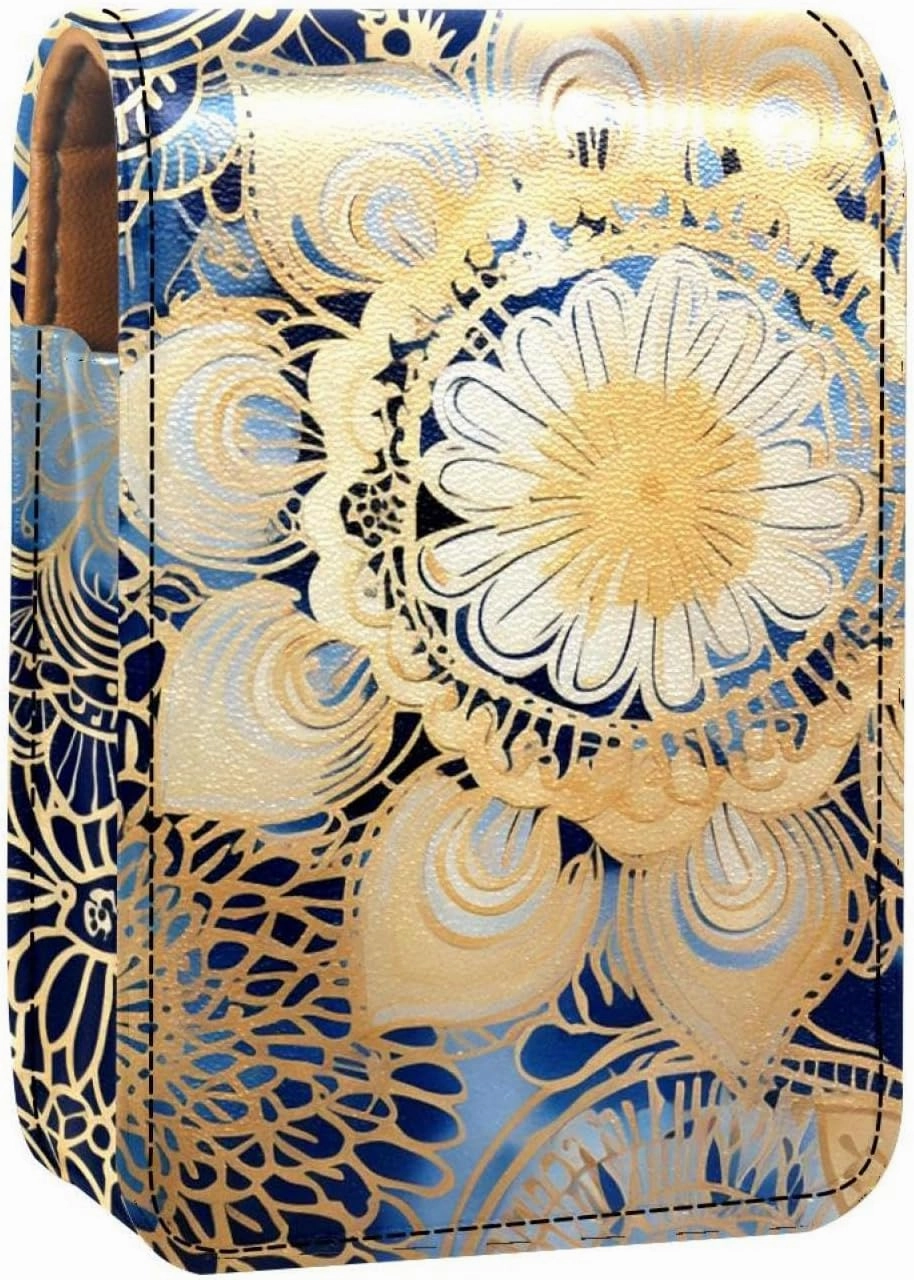Travel Lipstick Organizer Case,Lipstick Case Portable Makeup Bag With Mirror,Blue and Gold Mandala Pattern