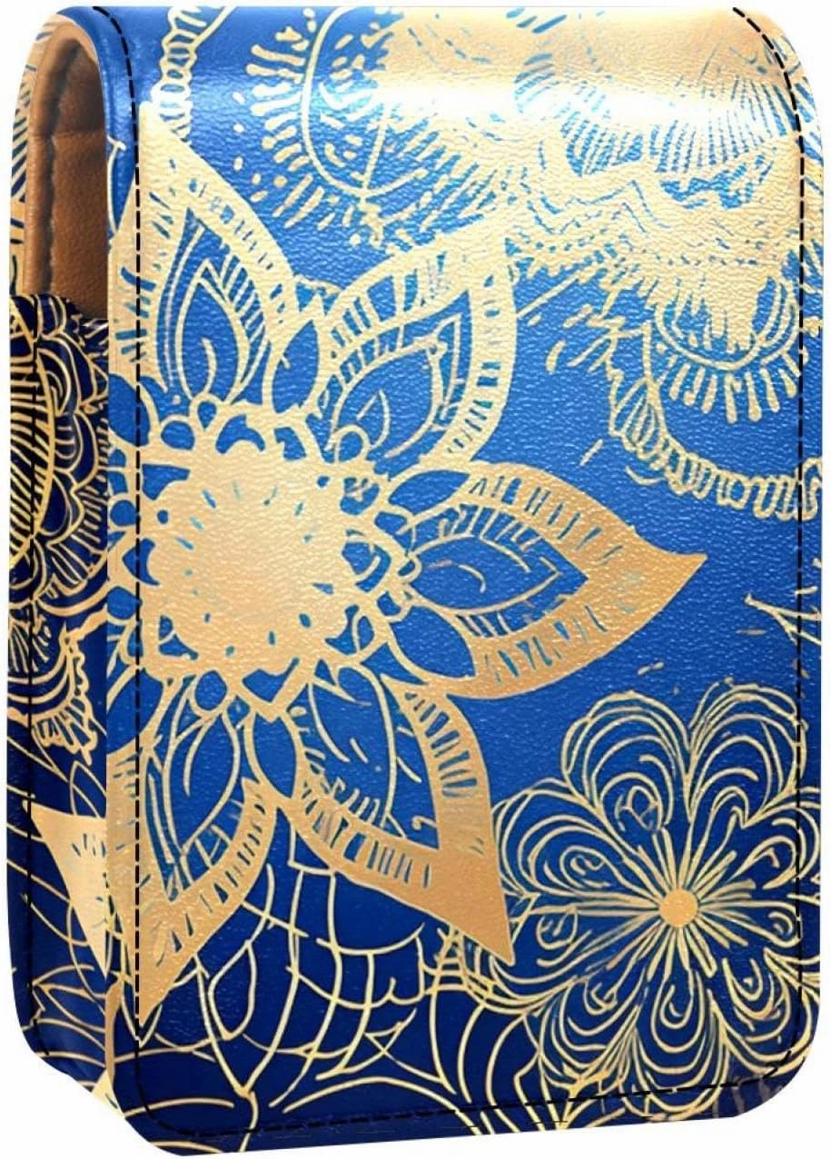 Travel Lipstick Organizer Case,Lipstick Case Portable Makeup Bag With Mirror,Blue and Gold Mandala Pattern