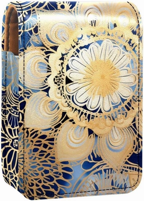 Travel Lipstick Organizer Case,Lipstick Case Portable Makeup Bag With Mirror,Blue and Gold Mandala Pattern