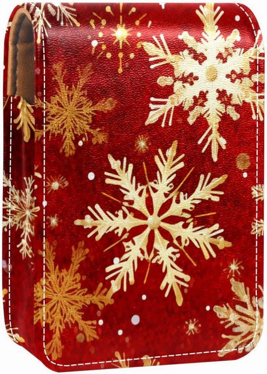 Travel Lipstick Organizer Case,Lipstick Case Portable Makeup Bag With Mirror,Christmas Gold White Snowflakes