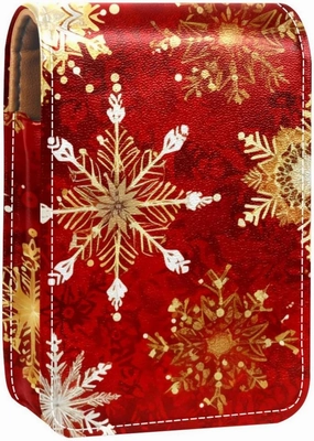 Travel Lipstick Organizer Case,Lipstick Case Portable Makeup Bag With Mirror,Christmas Gold White Snowflakes
