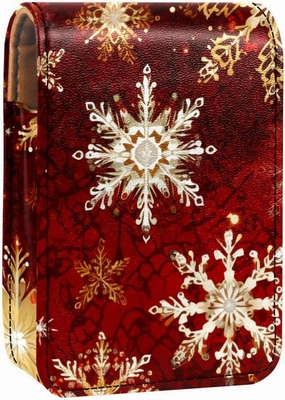 Travel Lipstick Organizer Case,Lipstick Case Portable Makeup Bag With Mirror,Christmas Gold White Snowflakes