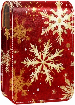 Travel Lipstick Organizer Case,Lipstick Case Portable Makeup Bag With Mirror,Christmas Gold White Snowflakes