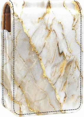 Travel Lipstick Organizer Case,Lipstick Case Portable Makeup Bag With Mirror,Classic White Gold Marble