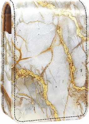 Travel Lipstick Organizer Case,Lipstick Case Portable Makeup Bag With Mirror,Classic White Gold Marble