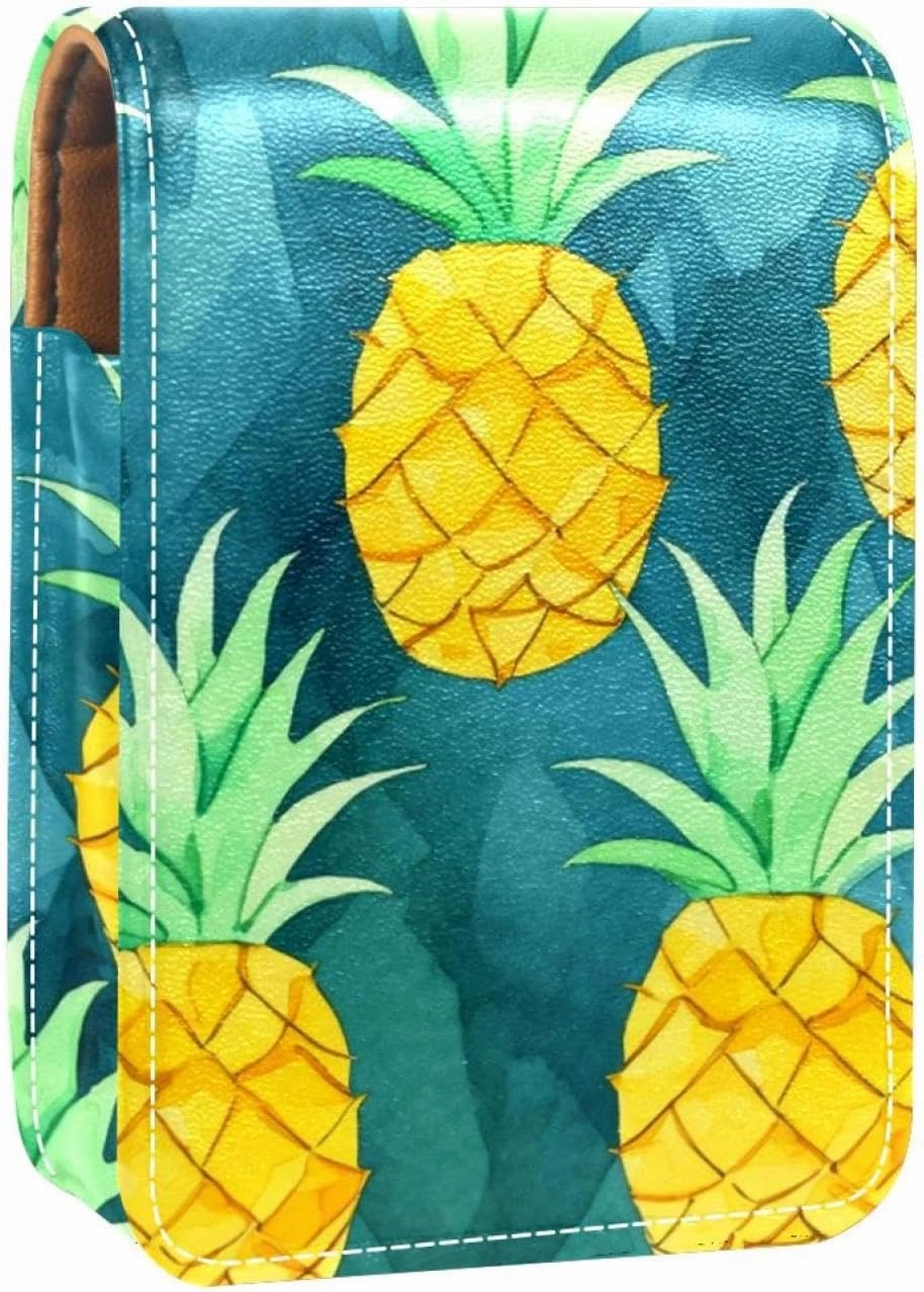 Travel Lipstick Organizer Case,Lipstick Case Portable Makeup Bag With Mirror,Floral Gold Fruit Pineapple