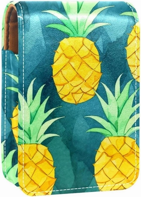 Travel Lipstick Organizer Case,Lipstick Case Portable Makeup Bag With Mirror,Floral Gold Fruit Pineapple