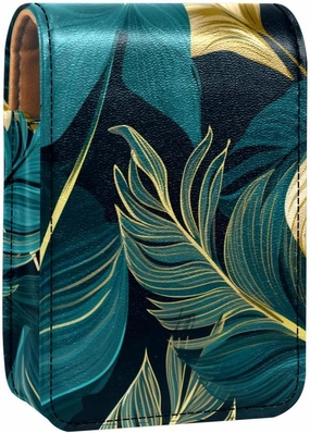 Travel Lipstick Organizer Case,Lipstick Case Portable Makeup Bag With Mirror,Tropical Leaves Graphic Gold