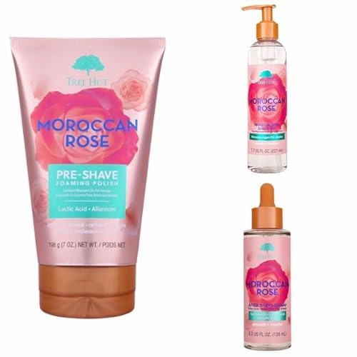 Tree Hut Moroccan Rose Shave Routine Bundle, Pre-Shave Foaming Polish, Moisturizing Shave Oil, and After Shave Serum, Exfoliates, Hydrates & Soothes for Smooth, Soft Skin