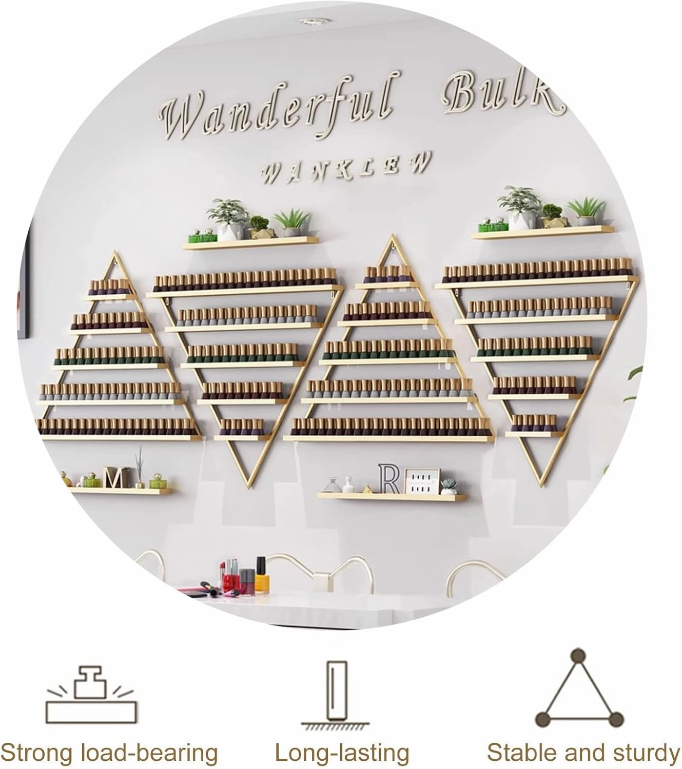 Triangular Metal Nail Polish Storage Racks, Wall-Mounted Essential Oil Cosmetic Display Case Large Capacity for Nail Salon Shop/Retail Shop and Also Organizing Books, Lipstick,Gold