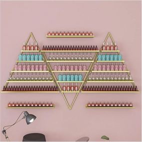 Triangular Metal Nail Polish Storage Racks, Wall-Mounted Essential Oil Cosmetic Display Case Large Capacity for Nail Salon Shop/Retail Shop and Also Organizing Books, Lipstick,Gold