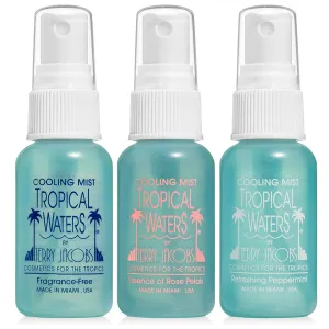 Tropical Waters 3 Piece Travel Set, 1 oz. Bottles, MADE IN USA Rose Water Make Up Setting Spray, Peppermint Cooling Spray Mist, Fragrance Free Cooling Spray and Facial Mist -Long Lasting, Hydrating