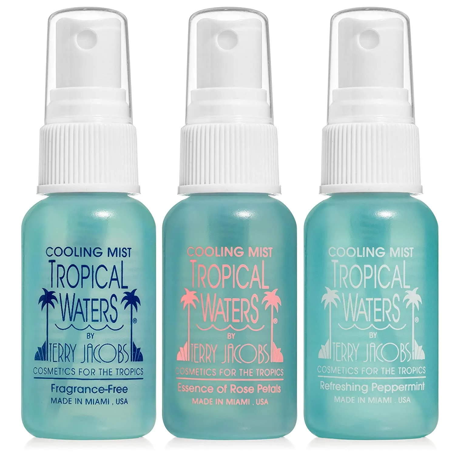Tropical Waters 3 Piece Travel Set, 1 oz. Bottles, MADE IN USA Rose Water Make Up Setting Spray, Peppermint Cooling Spray Mist, Fragrance Free Cooling Spray and Facial Mist -Long Lasting, Hydrating