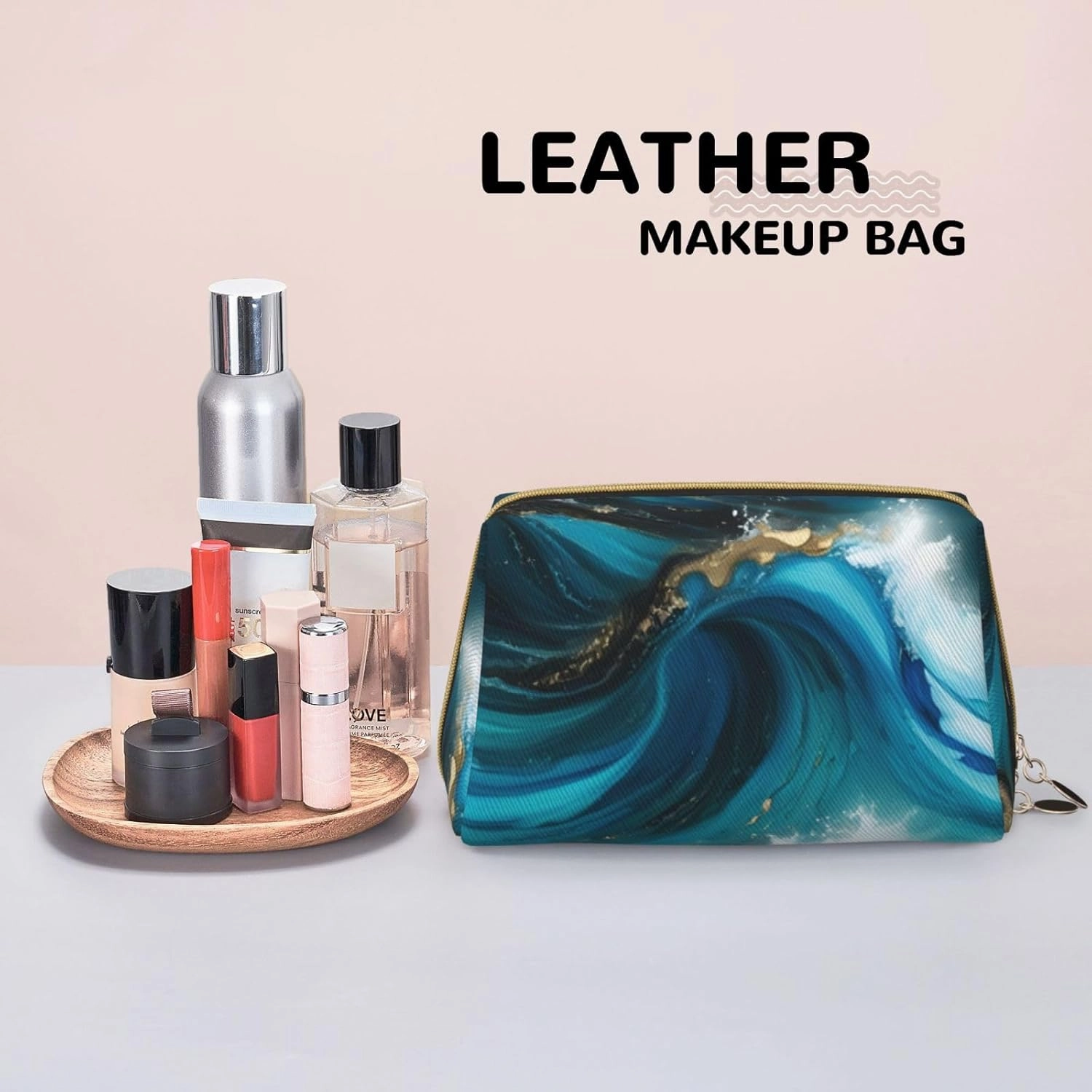 Turquoise Blue Gold Marble Toiletry Pouch, Travel-Friendly Makeup Organizer For Makeup Brushes, Lipsticks