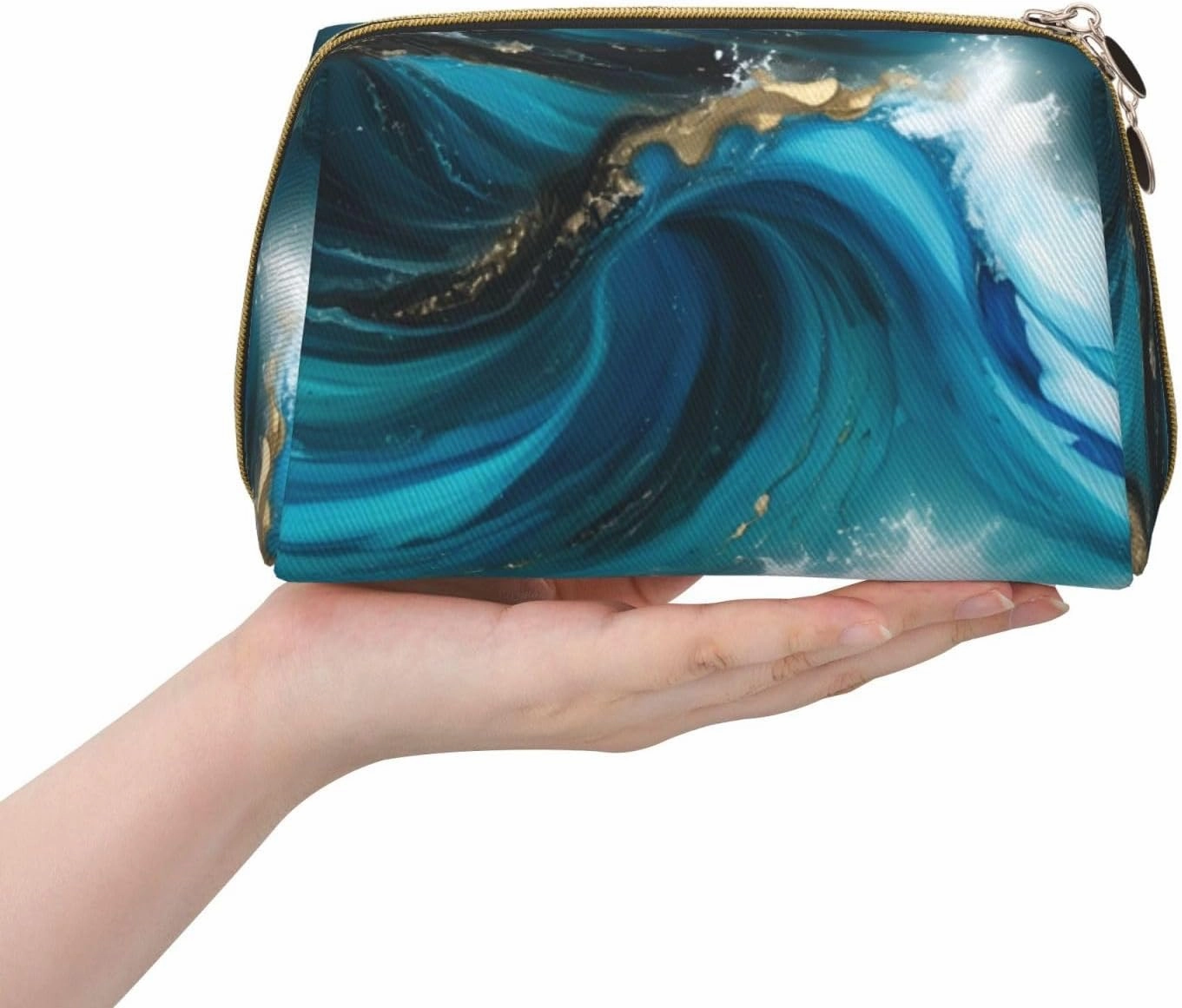 Turquoise Blue Gold Marble Toiletry Pouch, Travel-Friendly Makeup Organizer For Makeup Brushes, Lipsticks