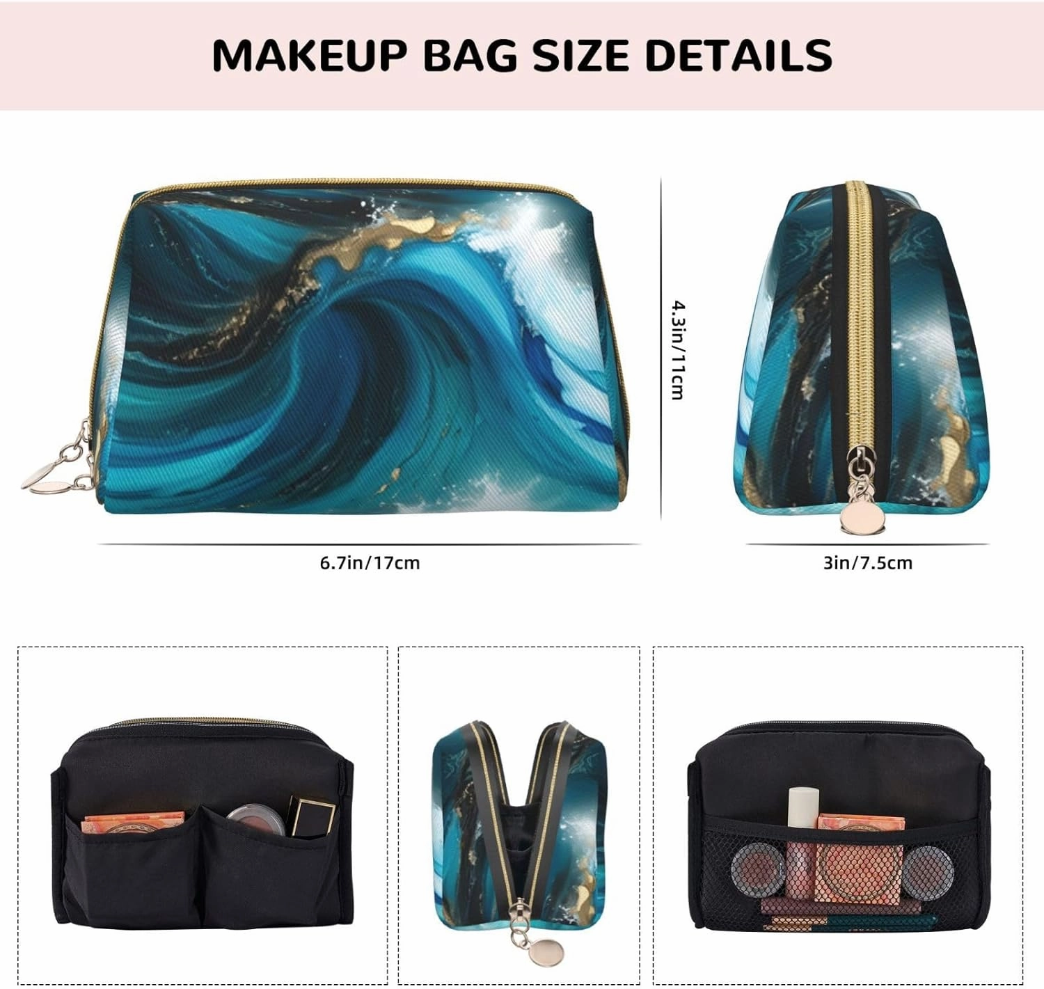Turquoise Blue Gold Marble Toiletry Pouch, Travel-Friendly Makeup Organizer For Makeup Brushes, Lipsticks