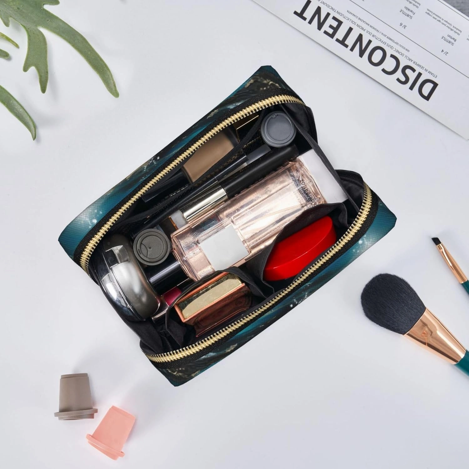 Turquoise Blue Gold Marble Toiletry Pouch, Travel-Friendly Makeup Organizer For Makeup Brushes, Lipsticks