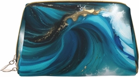 Turquoise Blue Gold Marble Toiletry Pouch, Travel-Friendly Makeup Organizer For Makeup Brushes, Lipsticks
