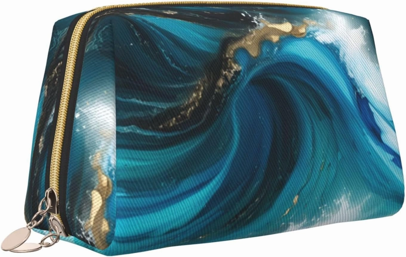 Turquoise Blue Gold Marble Toiletry Pouch, Travel-Friendly Makeup Organizer For Makeup Brushes, Lipsticks